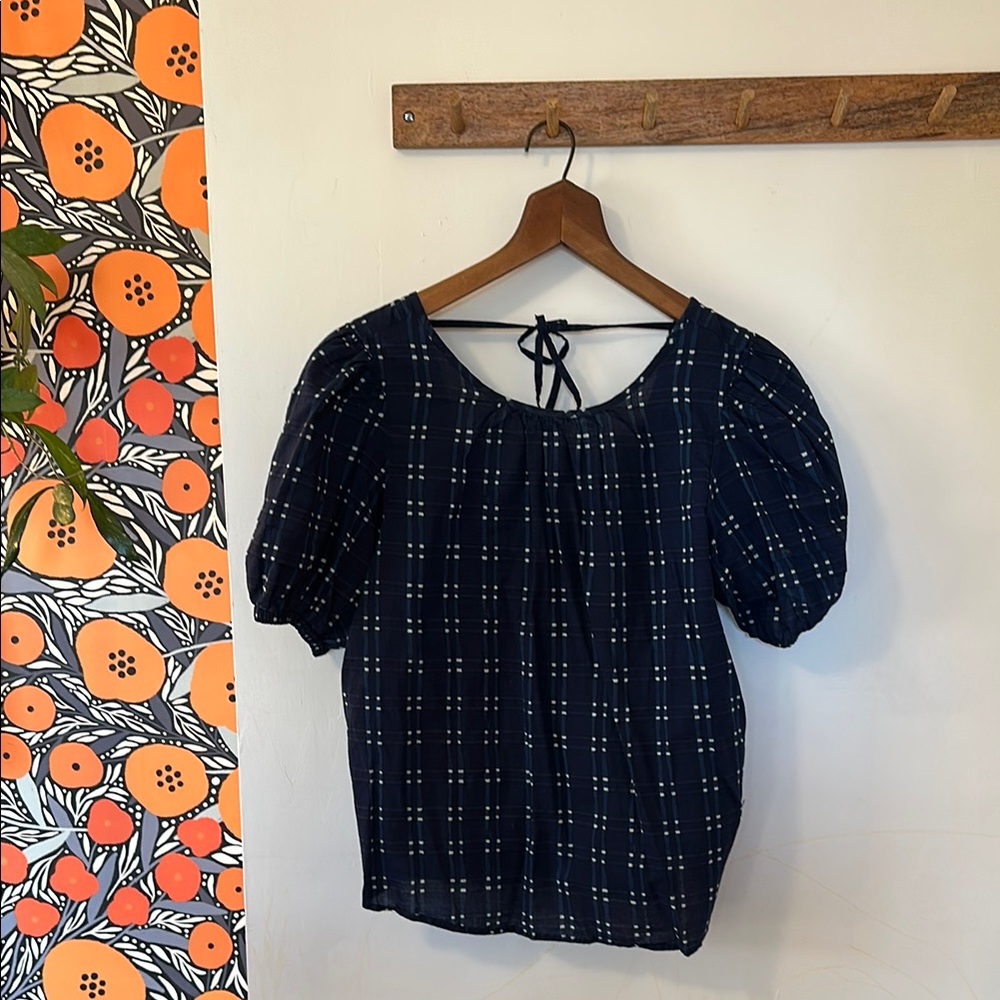 Navy Plaid Puff Sleeve Blouse with Keyhole  Back